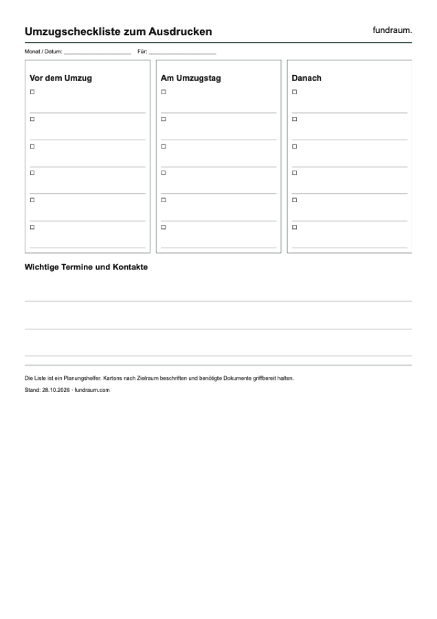 Vorschau: Umzugscheckliste zum Ausdrucken